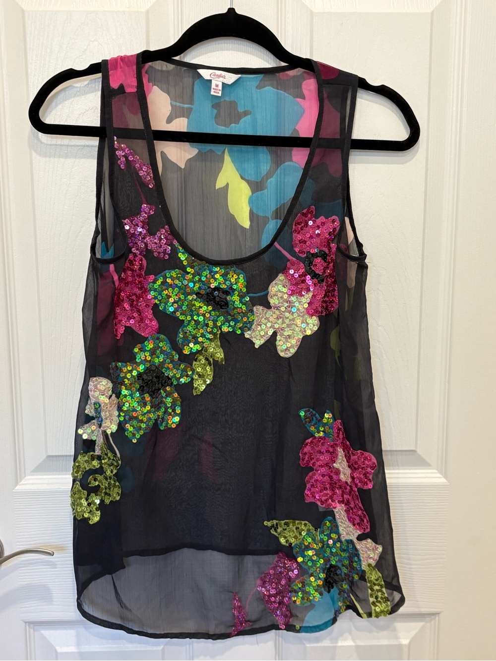 Candie's Black Sheer Tank with Multicolor Sequin Floral Appliqué #1066